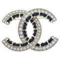 Chanel CC Logo Brooch Metal Leather Rhinestone Gold Plated Black