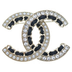 Chanel CC Logo Brooch Metal Leather Rhinestone Gold Plated Black