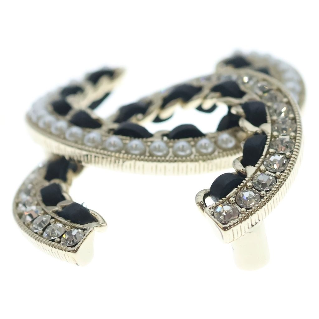 Chanel CC Logo Brooch Metal Leather Rhinestone Gold Plated Black — view 3