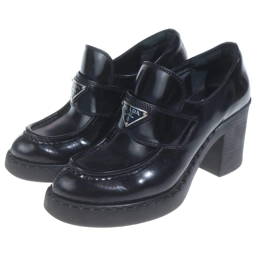 Prada Chocolate Heels Leather Loafers Shoes Black — view 2