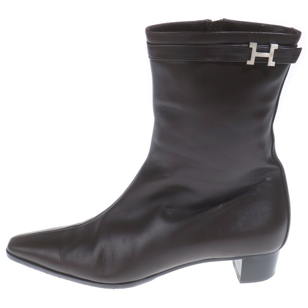 Hermes Logo Leather Side Zip Heels Short Boots Brown