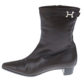 Hermes Logo Leather Side Zip Heels Short Boots Brown