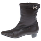 Hermes Logo Leather Side Zip Heels Short Boots Brown