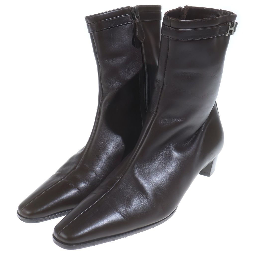 Hermes Logo Leather Side Zip Heels Short Boots Brown — view 2