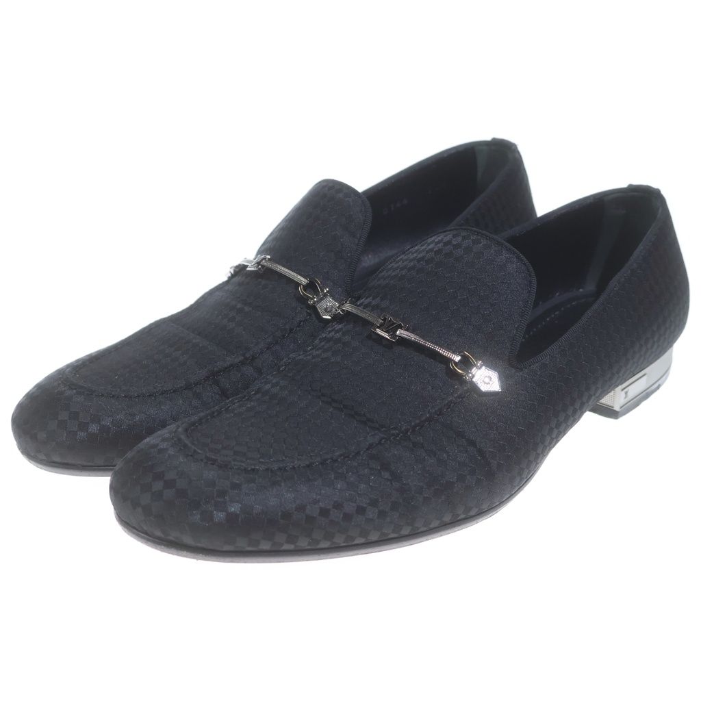Louis Vuitton Black Satin Bank Slip on Loafers Punk on Damier Allover — view 2