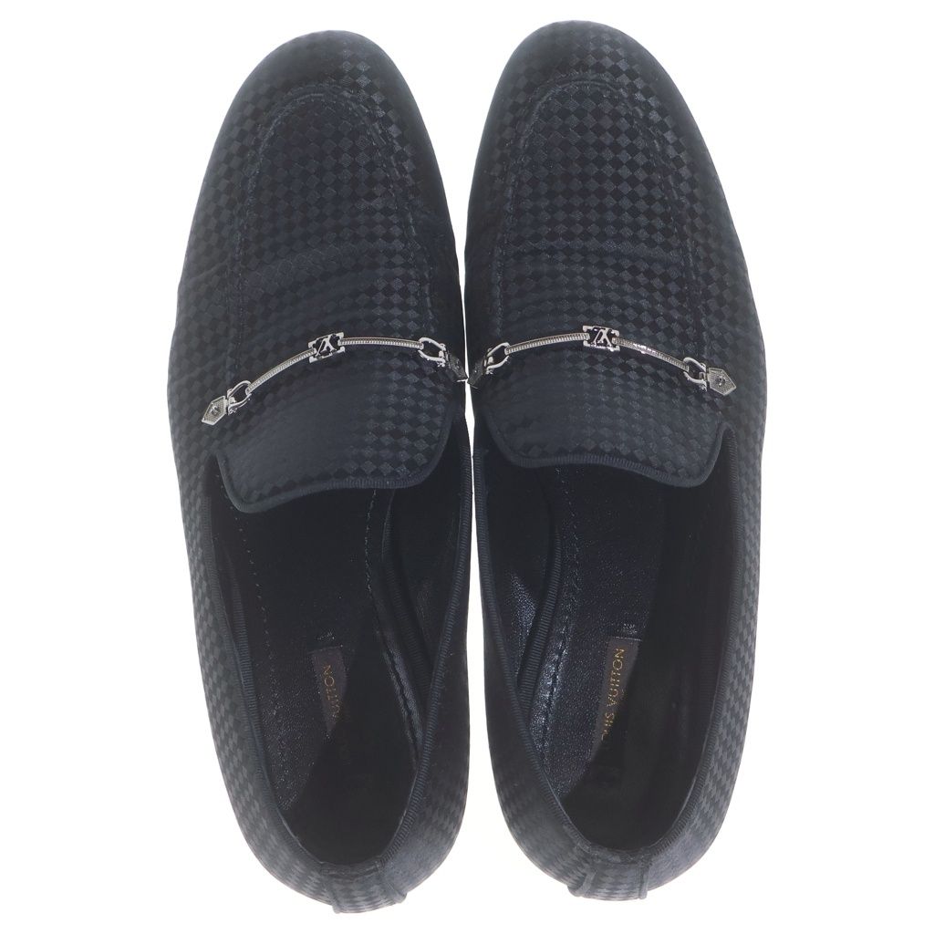 Louis Vuitton Black Satin Bank Slip on Loafers Punk on Damier Allover — view 4