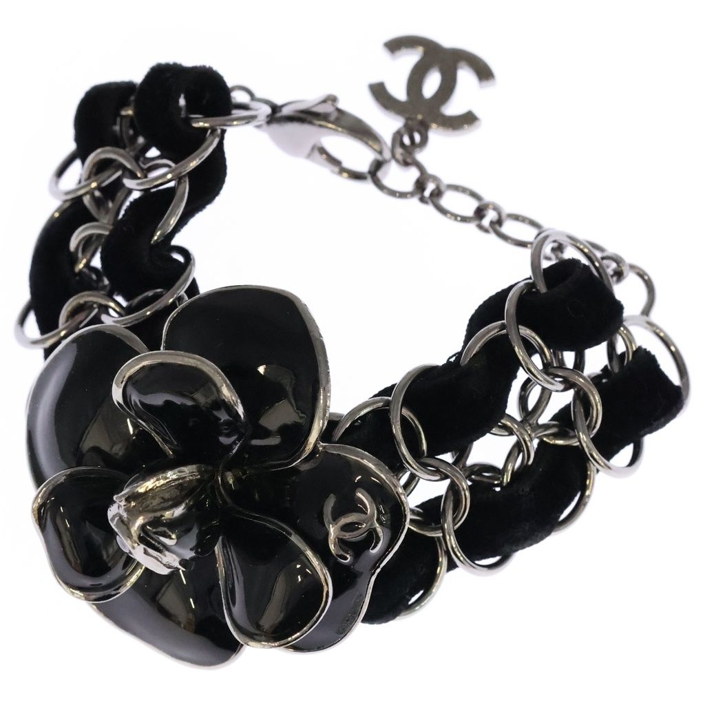 Chanel Camellia CC Logo Velour Chain Bracelet Black Silver