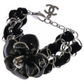 Chanel Camellia CC Logo Velour Chain Bracelet Black Silver