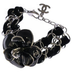 Chanel Camellia CC Logo Velour Chain Bracelet Black Silver