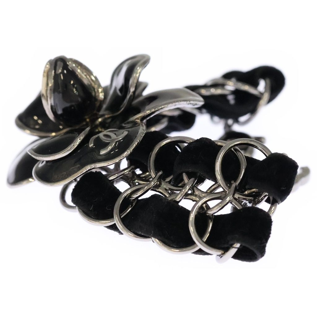 Chanel Camellia CC Logo Velour Chain Bracelet Black Silver — view 4