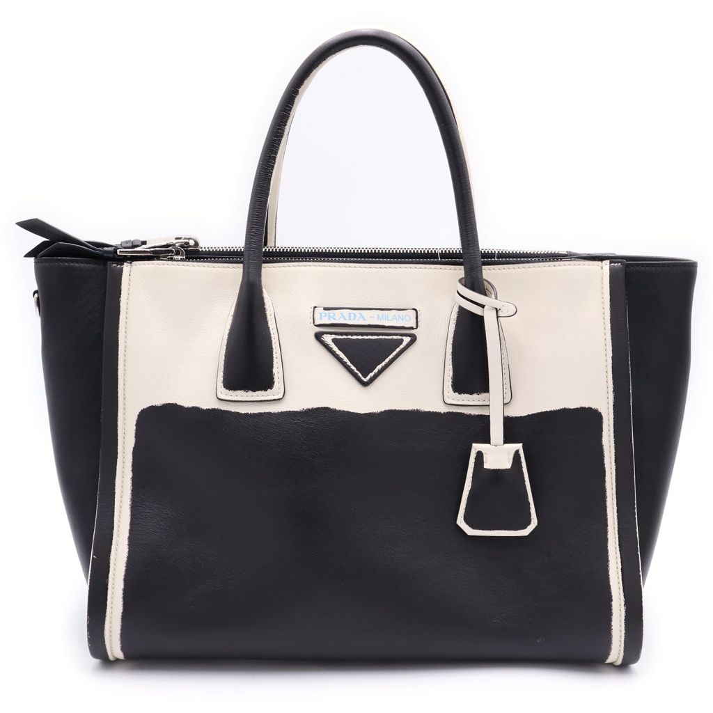 Prada Gray Slux 2-Way Shoulder Bag Black White Leather Silver