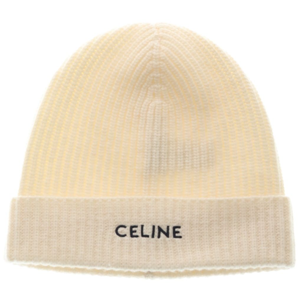 Celine Logo Embroidery Beanie Knit Cap Hat Ivory