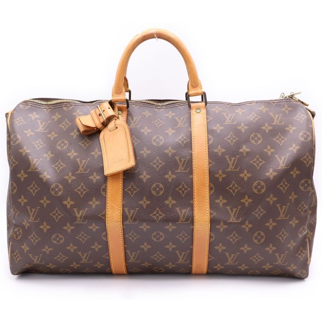 Louis Vuitton Monogram Keepall 50 Bandouliere Boston Bag Brown Leather Gold