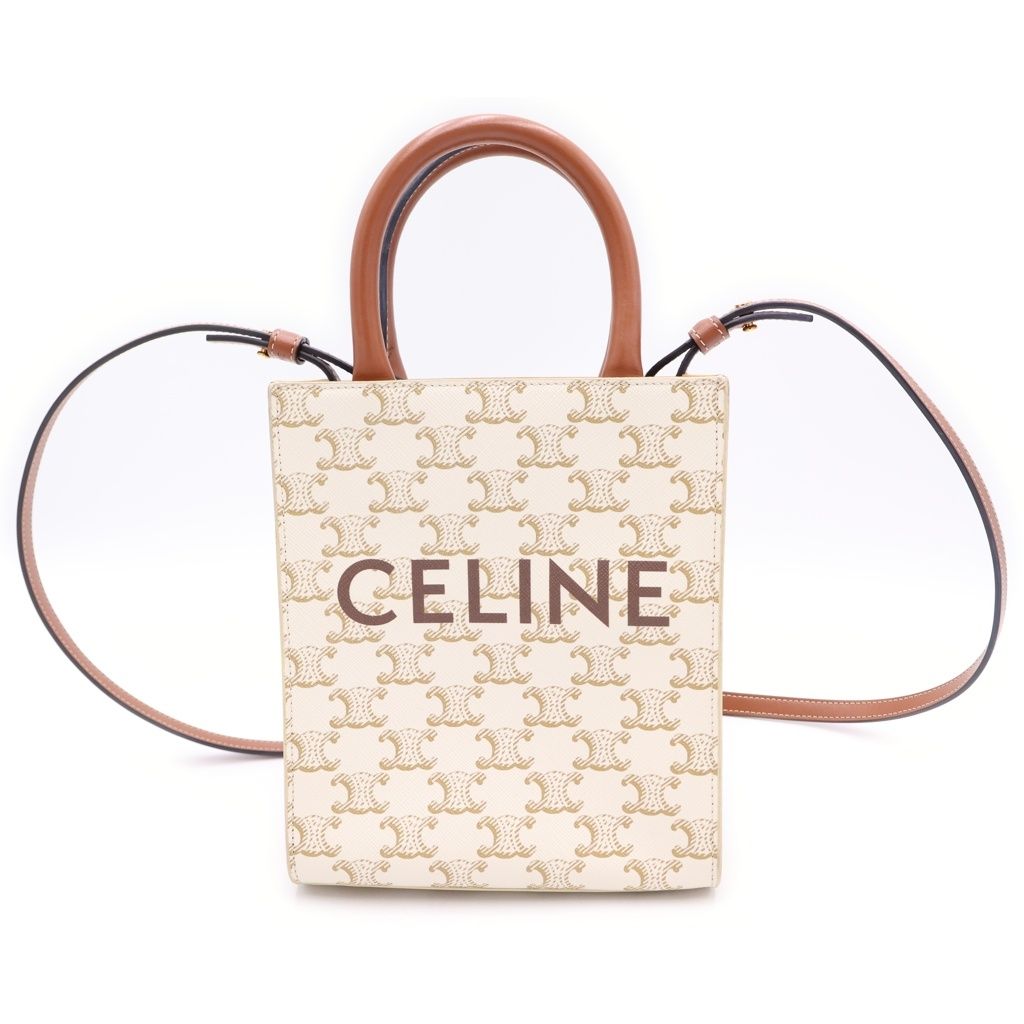 Celine Triomphe Vertical Cover Mini Shoulder Bag White Brown Leather Gold