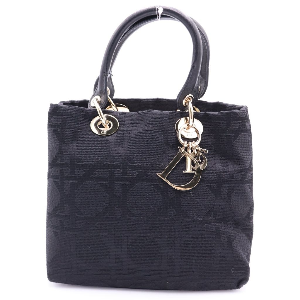 Dior Lady Cannage Handbag Black Leather Canvas Gold