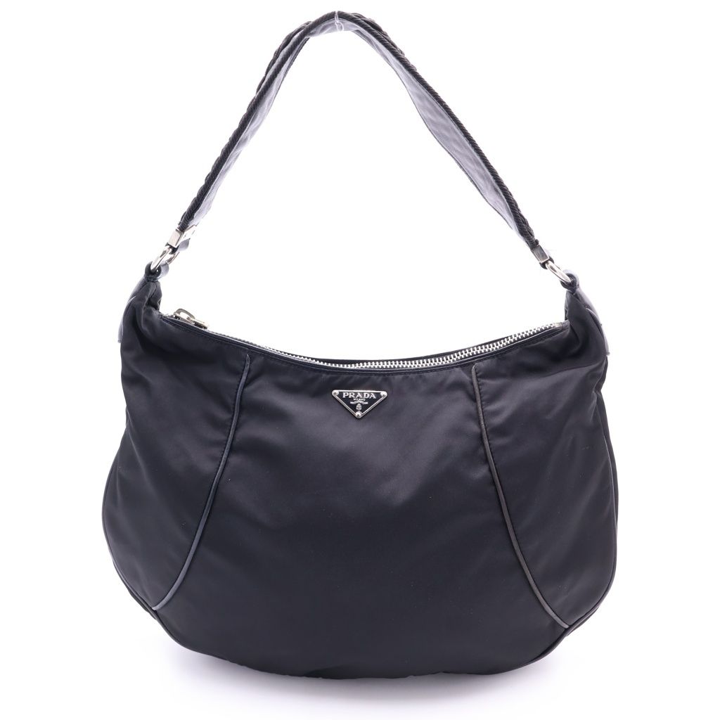 Prada Triangle Logo Nylon Leather Shoulder Bag Tote Black