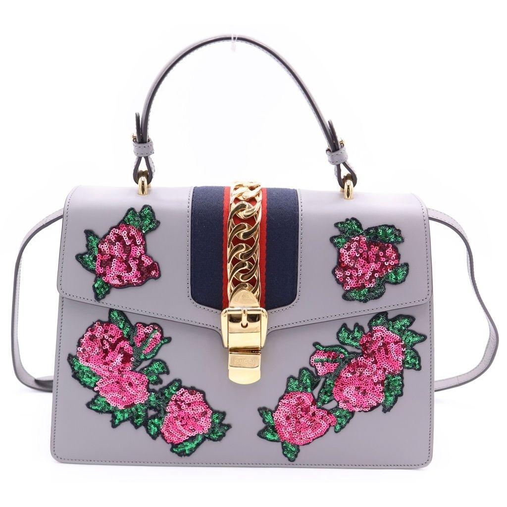 Gucci Sylvie Rose Sequin Embroidery Sherry Line Leather 2-Way Shoulder Bag Gray