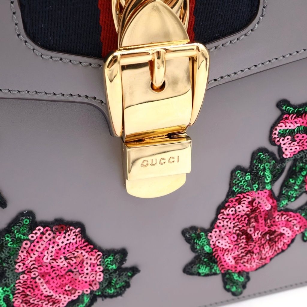 Gucci Sylvie Rose Sequin Embroidery Sherry Line Leather 2-Way Shoulder Bag Gray — view 6