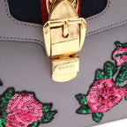 Gucci Sylvie Rose Sequin Embroidery Sherry Line Leather 2-Way Shoulder Bag Gray — view 6