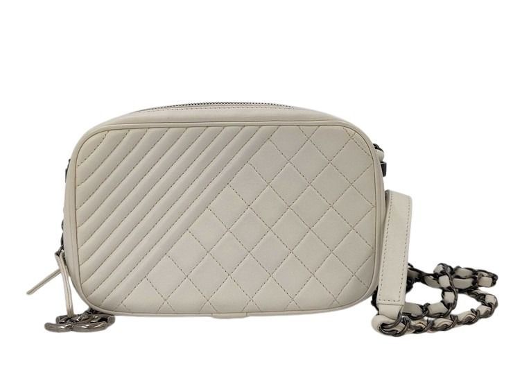 Chanel Shoulder Bag Boy White Lambskin Quilted CC Logo Chain Gunmetal Coco