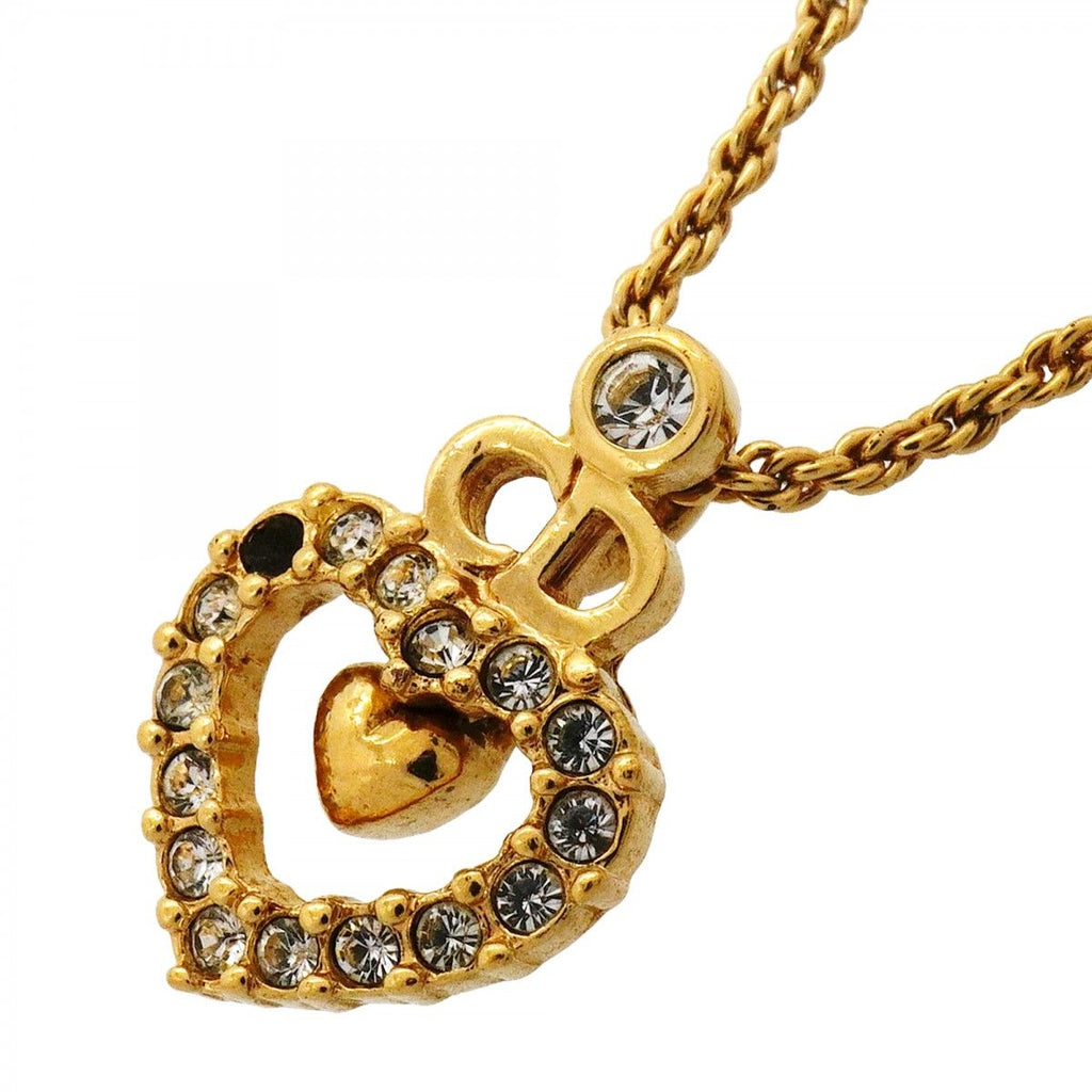 Dior Necklace CD Logo Heart Motif Gold Plated Rhinestone