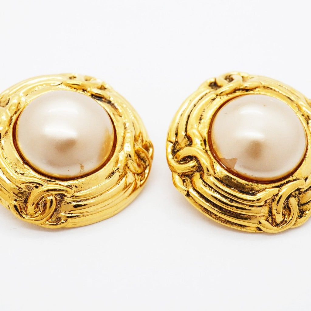Chanel Earrings Vintage CC Logo Gold Plated Faux Pearl — view 6