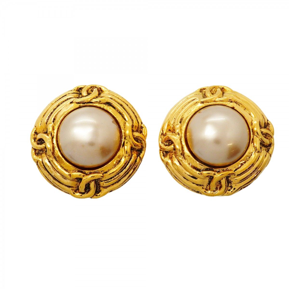 Chanel Earrings Vintage CC Logo Gold Plated Faux Pearl