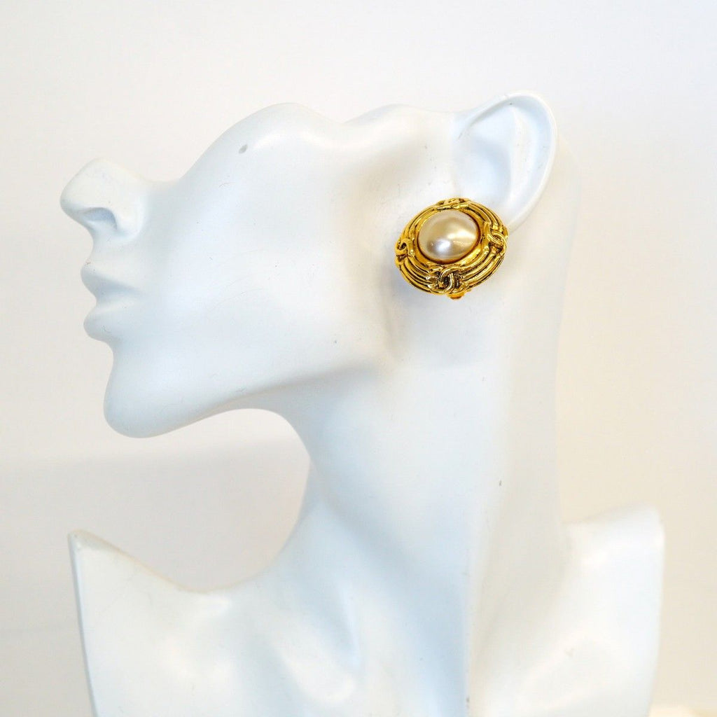 Chanel Earrings Vintage CC Logo Gold Plated Faux Pearl — view 5