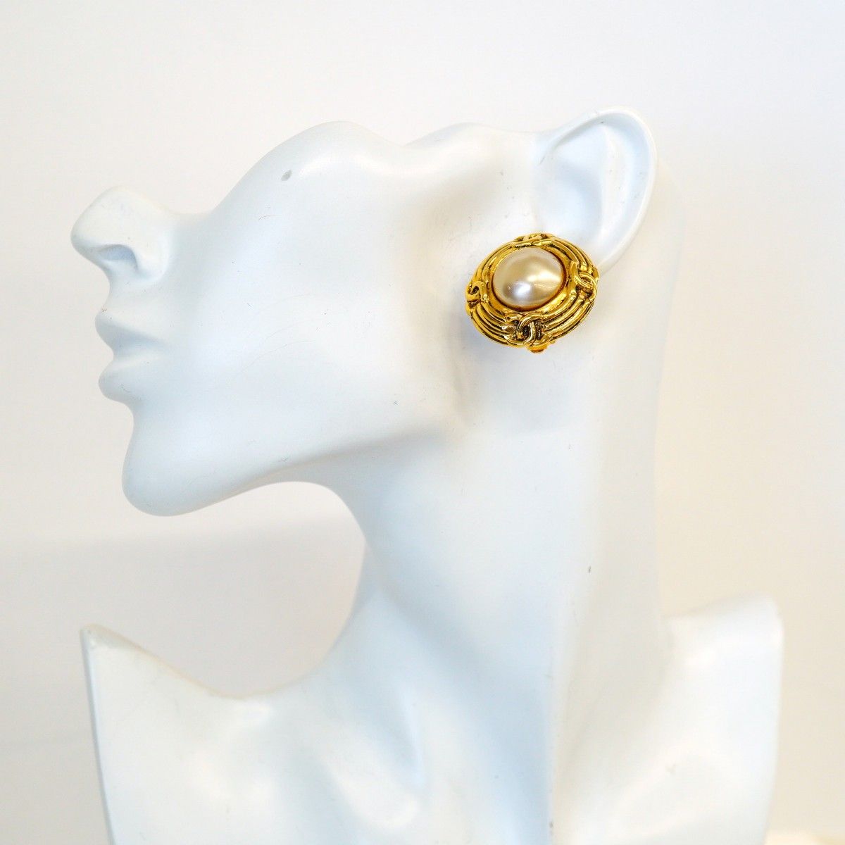 Chanel Earrings Vintage CC Logo Gold Plated Faux Pearl — view 5