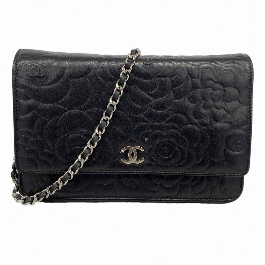Chanel Shoulder Wallet Camellia Lambskin Black Silver