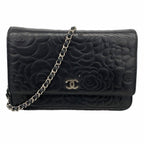 Chanel Shoulder Wallet Camellia Lambskin Black Silver