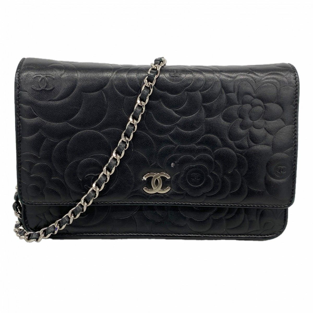 Chanel Shoulder Wallet Camellia Lambskin Black Silver