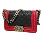Chanel Shoulder Bag Boy Lambskin Black Red Silver