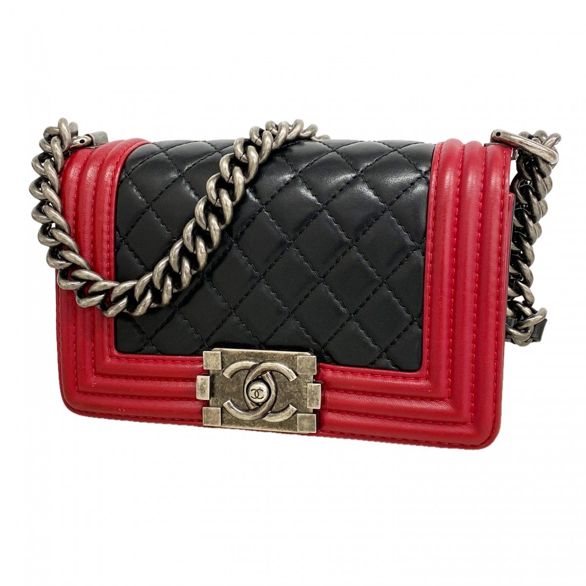 Chanel Shoulder Bag Boy Lambskin Black Red Silver