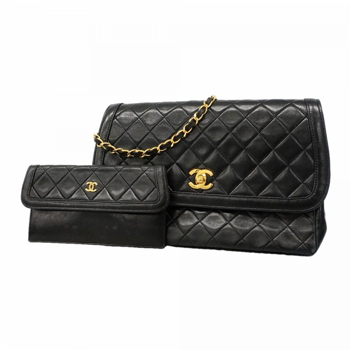 Chanel Shoulder Bag Quilted Lambskin Black Gold