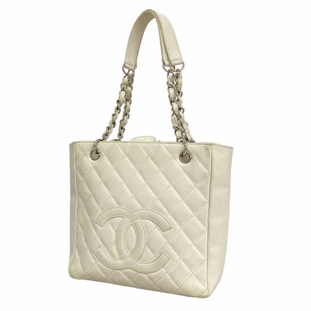 Chanel Shoulder Bag Quilted Caviar Leather White Silver