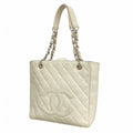 Chanel Shoulder Bag Quilted Caviar Leather White Silver