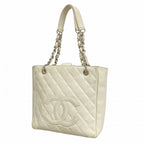 Chanel Shoulder Bag Quilted Caviar Leather White Silver
