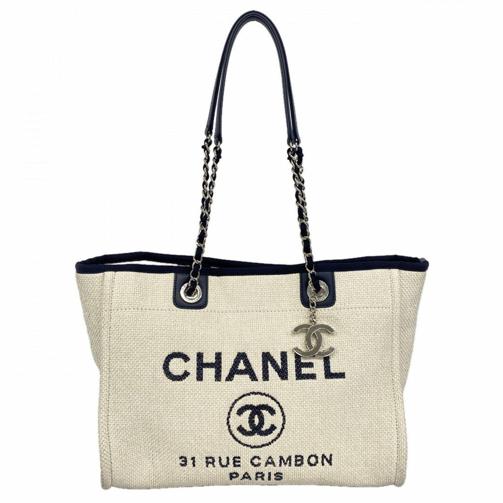 Chanel Chain Tote Deauville Straw Ivory Navy Silver