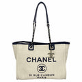 Chanel Chain Tote Deauville Straw Ivory Navy Silver