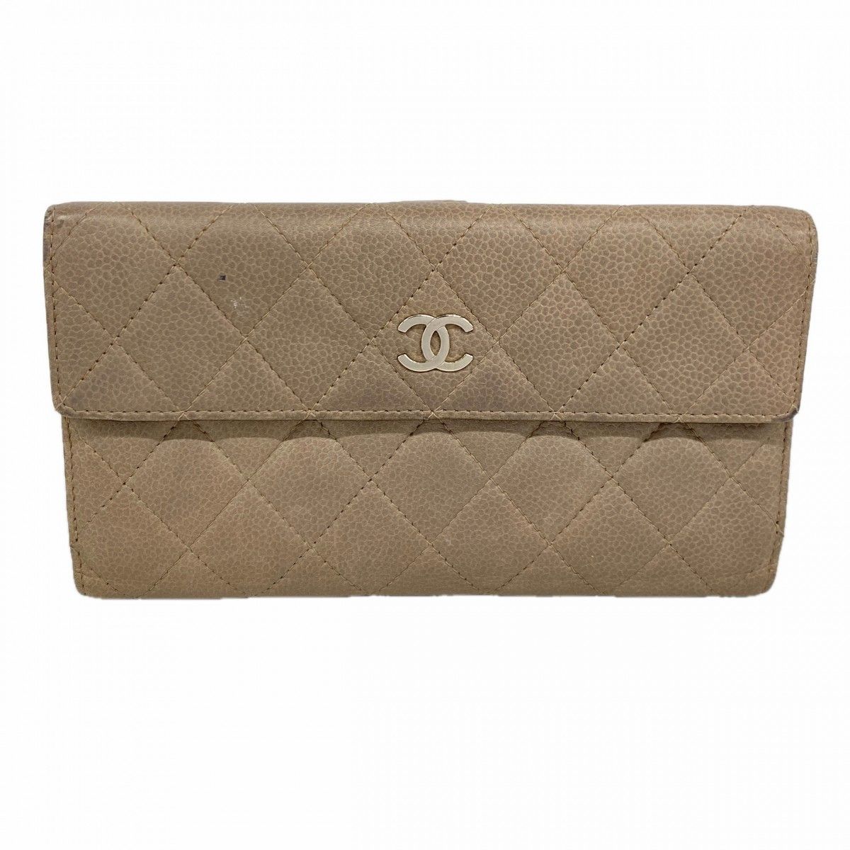Chanel Wallet Quilted Caviar Leather Beige Silver
