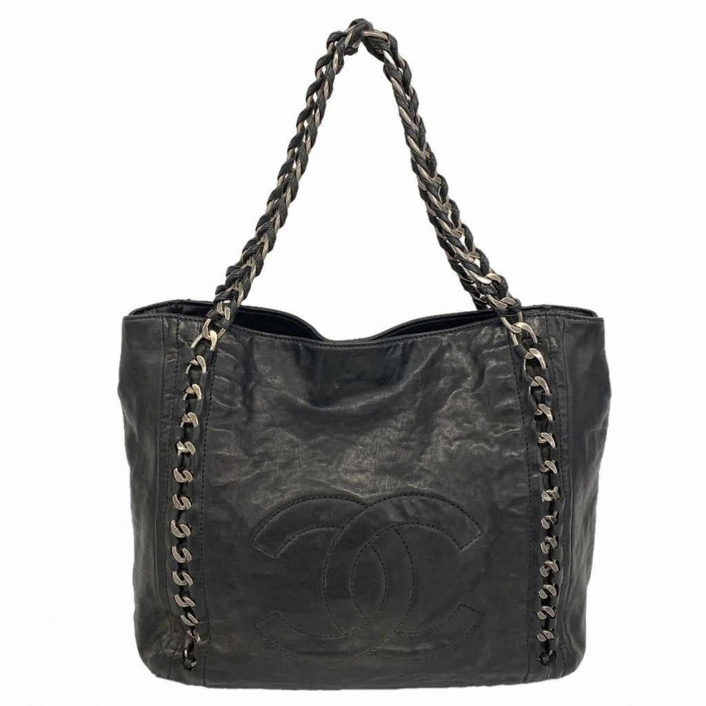 Chanel Chain Tote Leather Black Silver