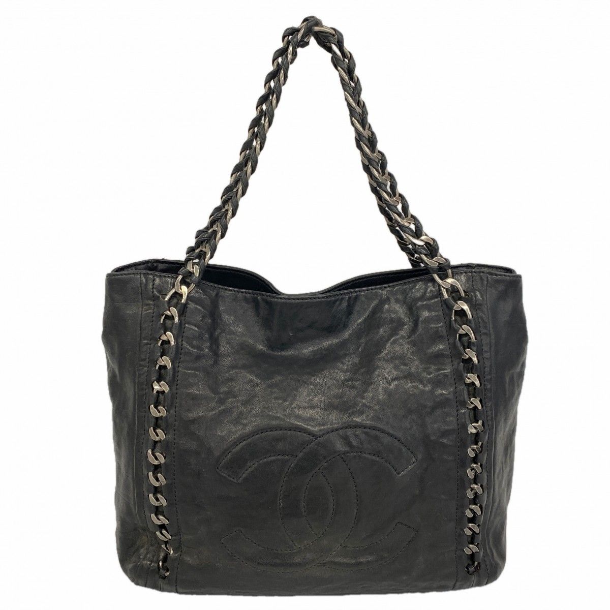 Chanel Chain Tote Leather Black Silver