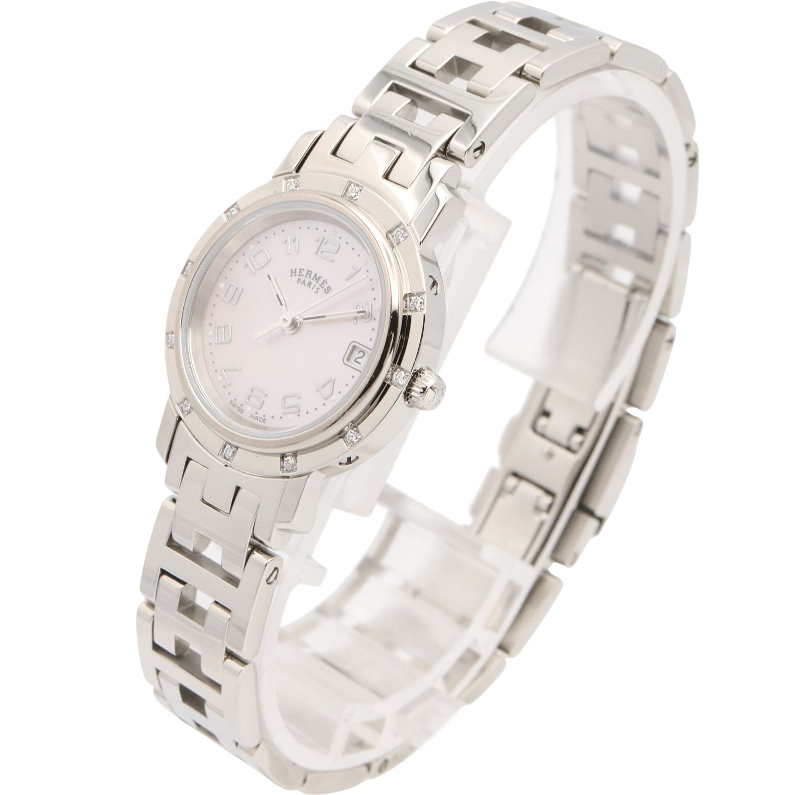 Hermes Watch Cles Diamond Pink Shell Stainless Steel — view 2