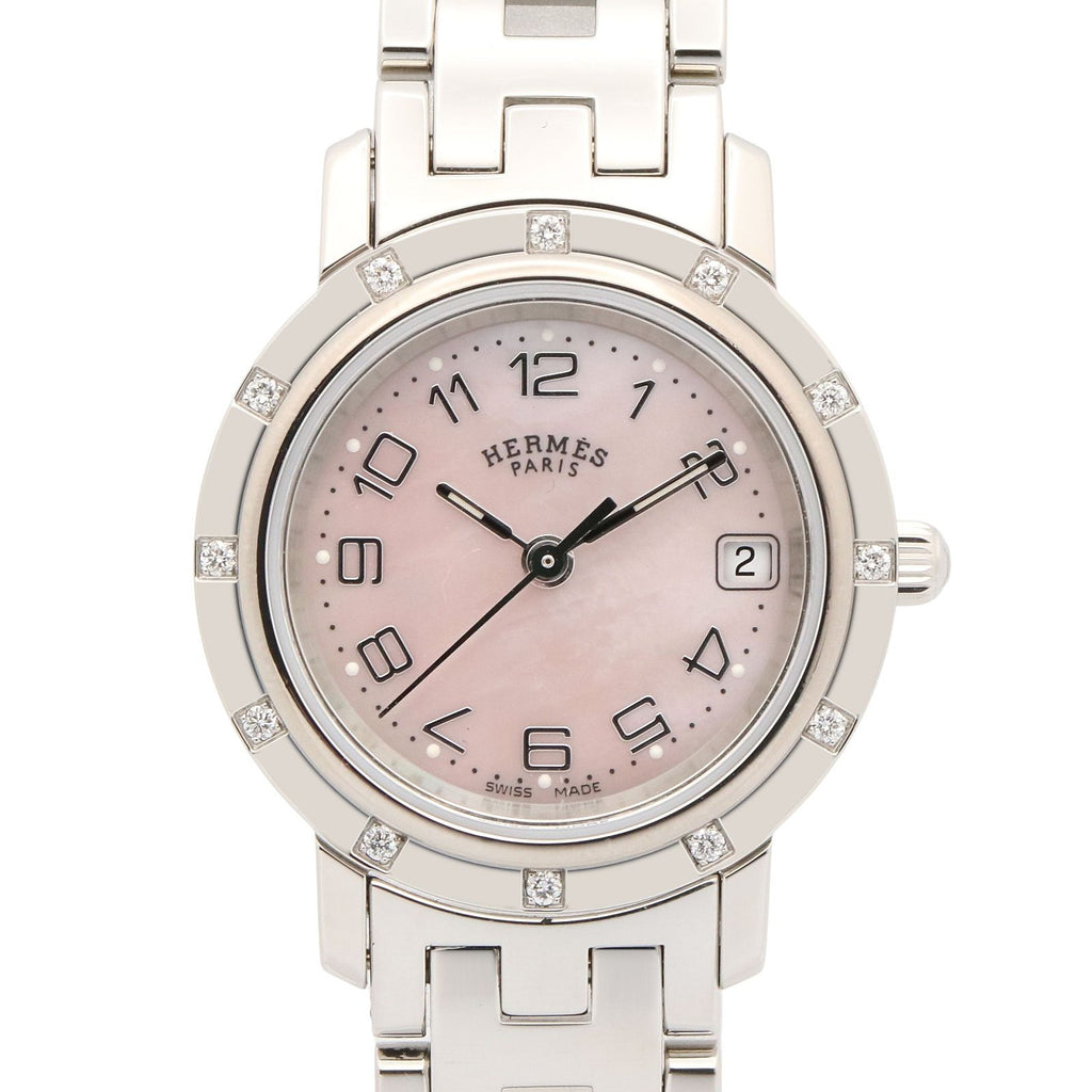 Hermes Watch Cles Diamond Pink Shell Stainless Steel