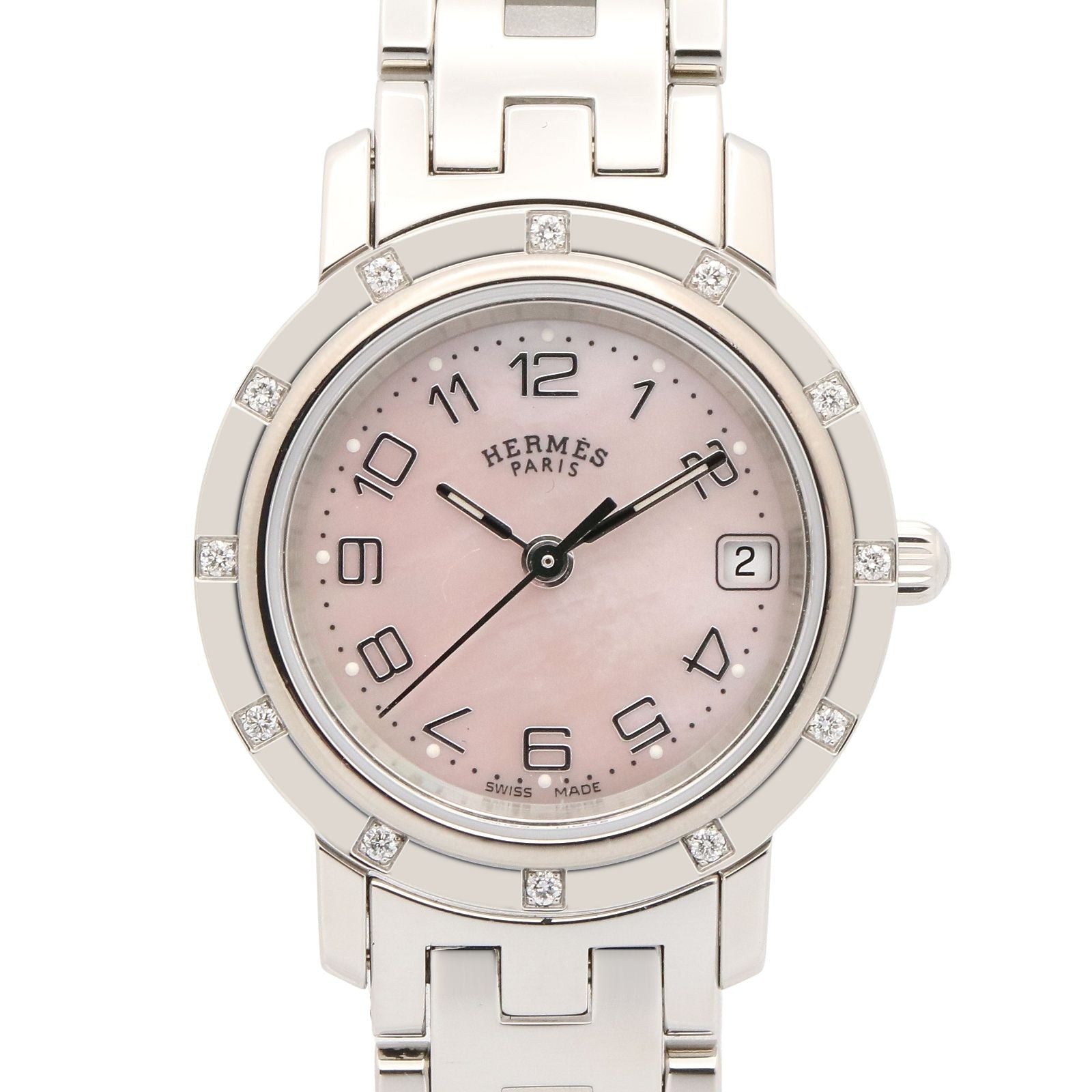 Hermes Watch Cles Diamond Pink Shell Stainless Steel