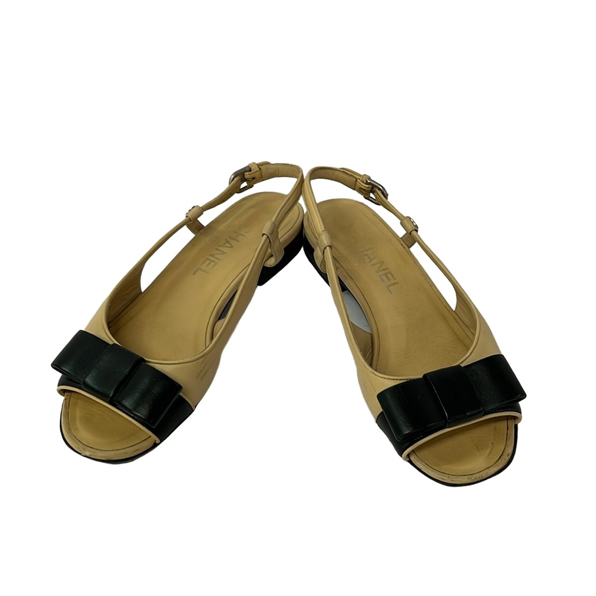 Chanel Sandals 36.5 C Beige Black Ribbon Leather — view 2