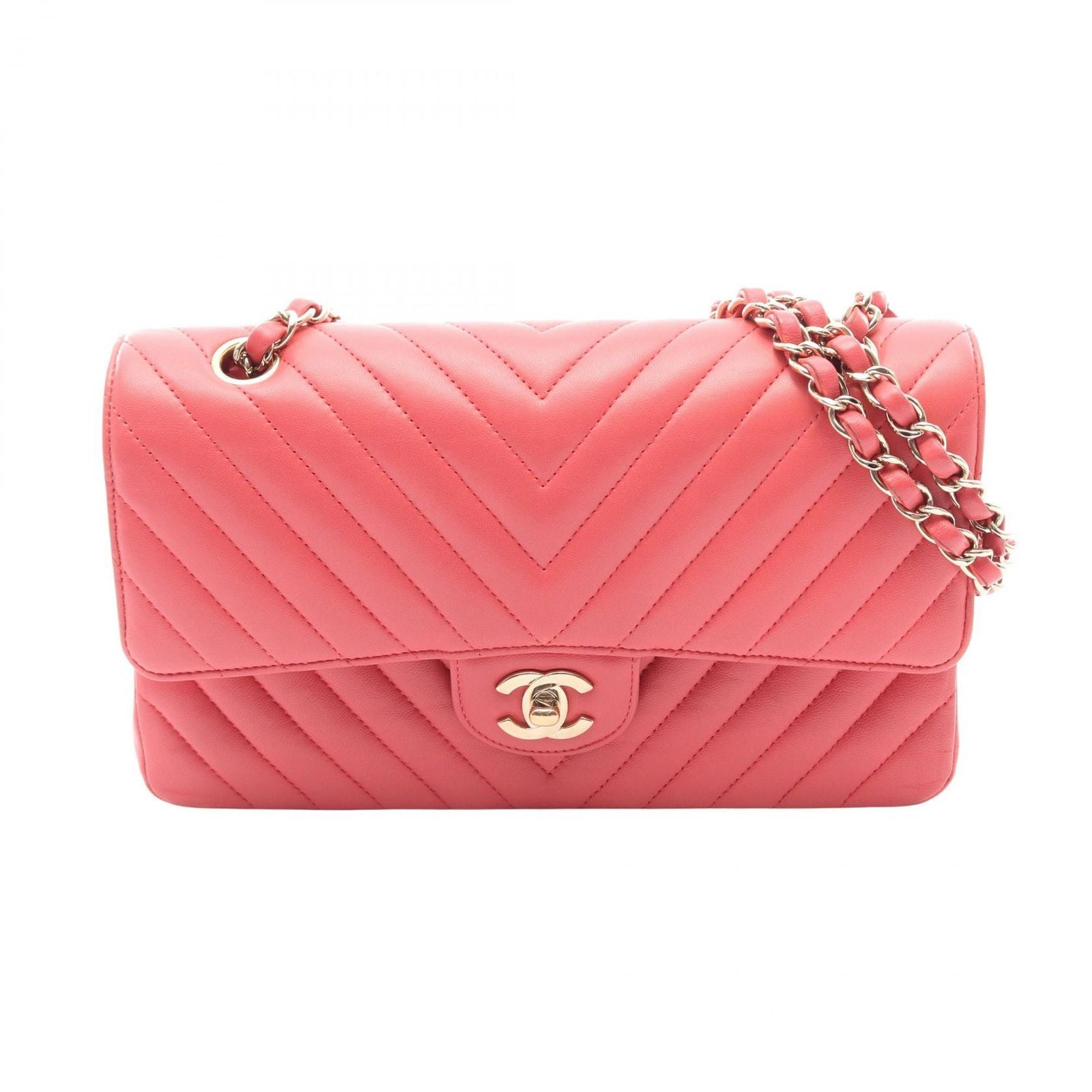 Chanel Shoulder Bag Blanc Stitch Double Flap Salmon Pink Lambskin Chain