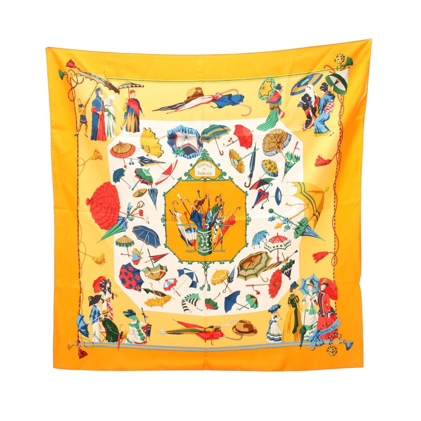 Hermes Scarf Carre 90 Ombrelles Et Parapluies Orange Silk
