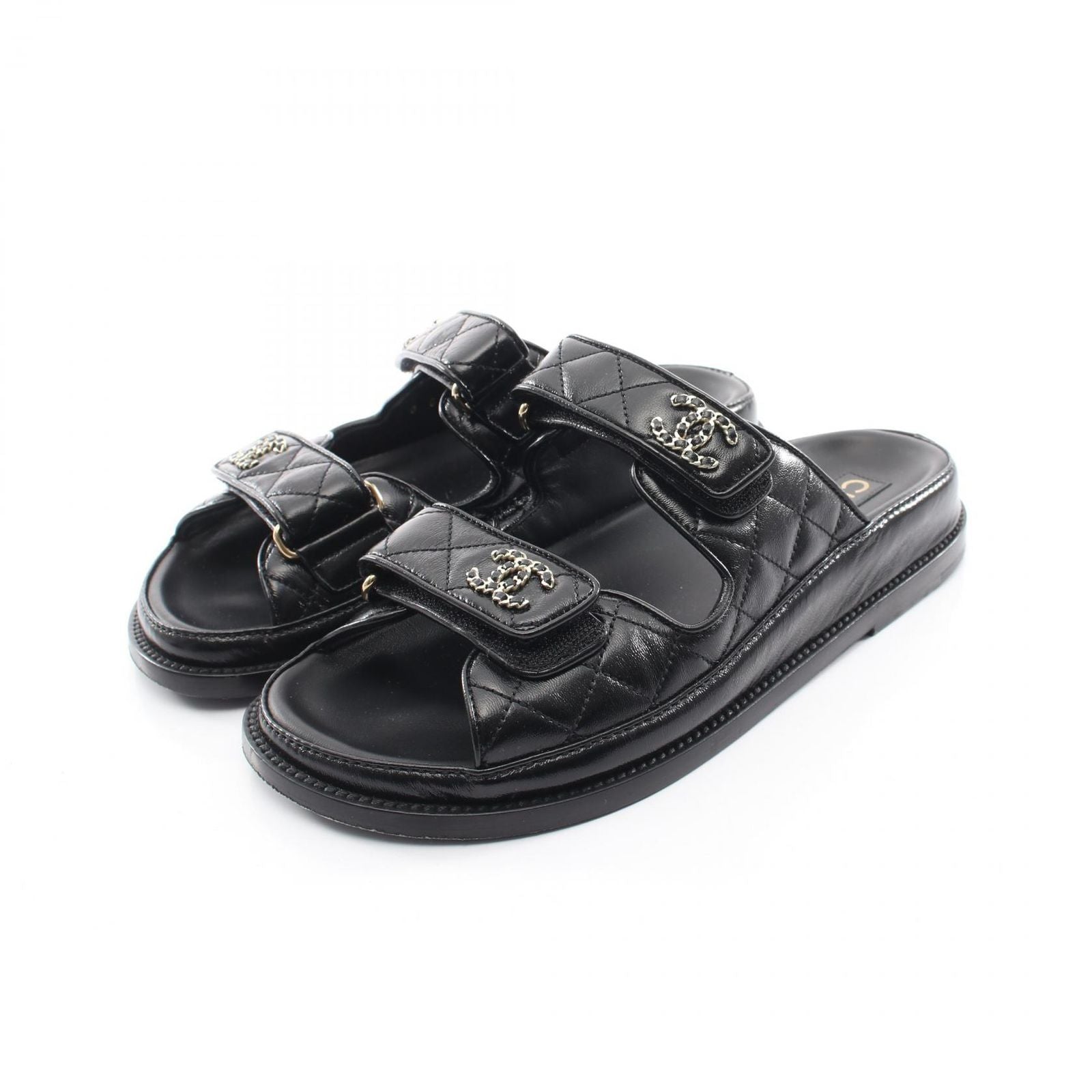 Chanel Sandals CC Logo Quilted Black Leather